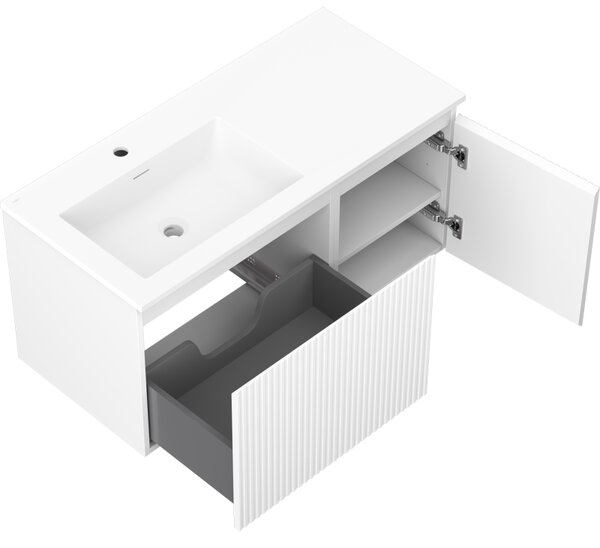Mexen Rivel, mobilier baie 100 cm cu lavoar stânga Otis, 1S, 1D, canelat, alb mat, 91A23-10047-3-BBFF01-W18L01