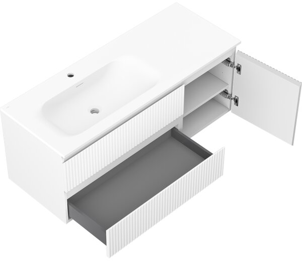 Mexen Rivel, mobilier baie 120 cm cu lavoar pe stânga Vela, 2S, 1D, canelat, alb mat, 91A23-12047-3-BBFFF01-W23L01