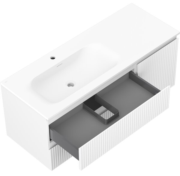 Mexen Rivel, mobilier baie 120 cm cu lavoar pe stânga Vela, 2S, 1D, canelat, alb mat, 91A23-12047-3-BBFFF01-W23L01