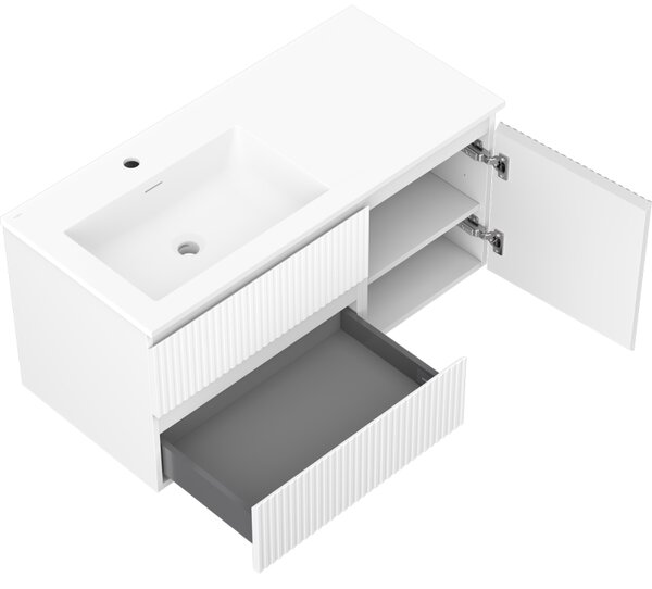 Mexen Rivel, mobilier baie 100 cm cu lavoar stânga Otis, 2S, 1D, canelat, alb mat, 91A23-10047-3-BBFFF01-W18L01