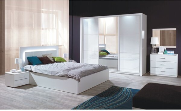 Set dormitor (dulap + pat 160x200 + 2x noptieră), alb/alb lucios HG, ASIENA