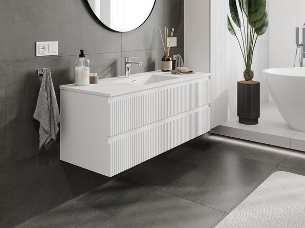 Mexen Rivel, mobilier de baie 120 cm cu lavoar Otis, 2 sertare, canelat, alb mat, 91A20-12047-2-BFF01-W18M01