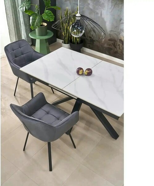Masa extensibila PLATAN, alb cu efect de marmura/negru, piatra sinteri