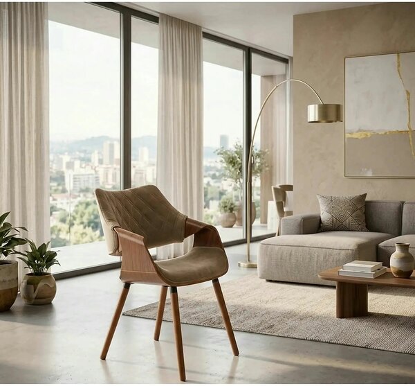 Scaun tapitat K396, bej/nuc, stofa catifelata/placaj, 56x55x77 cm