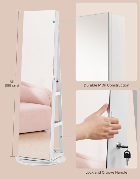 Oglinda de podea cu depozitare bijuterii Alb Songmics 55x55x162 cm