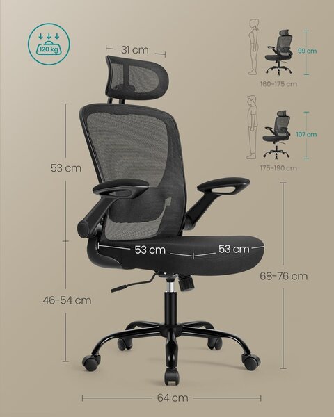 Scaun de birou Negru Songmics 62x62.4x120.4 cm