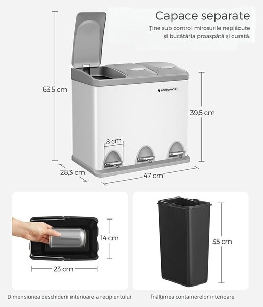 Coș de reciclare SORT 24L (3x8L), gri/alb SongmicsHome