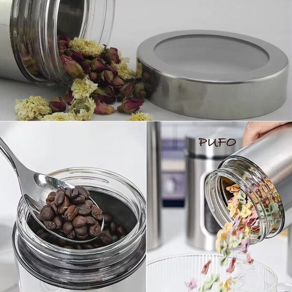 Recipient metalic Pufo Taste pentru zahar, cafea, ceai sau condimente, cu capac, 1.8L, transparent/argintiu