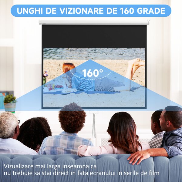 HOMCOM Ecran pentru Proiector 80" 16:9 cu Sfoară de Reglaj, din Plastic și Metal, 187x8x150 cm, Alb | Aosom Romania