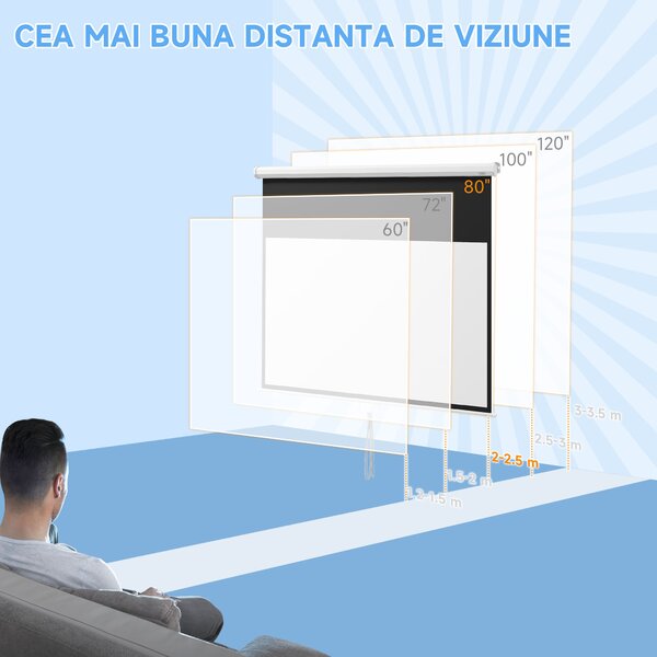 HOMCOM Ecran pentru Proiector 80" 16:9 cu Sfoară de Reglaj, din Plastic și Metal, 187x8x150 cm, Alb | Aosom Romania