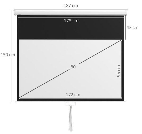 HOMCOM Ecran pentru Proiector 80" 16:9 cu Sfoară de Reglaj, din Plastic și Metal, 187x8x150 cm, Alb | Aosom Romania