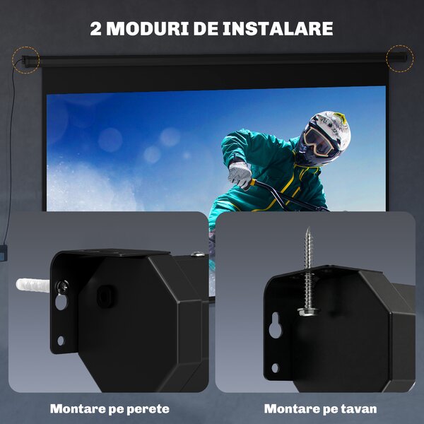 HOMCOM Ecran de proiecție motorizat 120 inch, 16:9 4K HD, montaj pe perete sau tavan cu telecomandă, 297x8x183cm | Aosom Romania