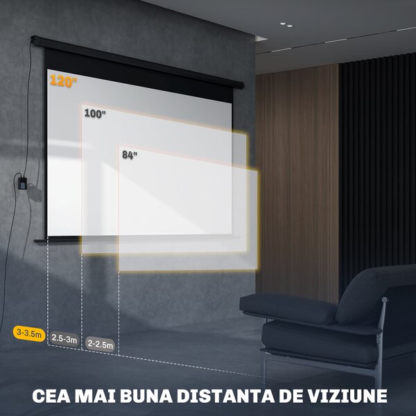 HOMCOM Ecran de proiecție motorizat 120 inch, 16:9 4K HD, montaj pe perete sau tavan cu telecomandă, 297x8x183cm | Aosom Romania