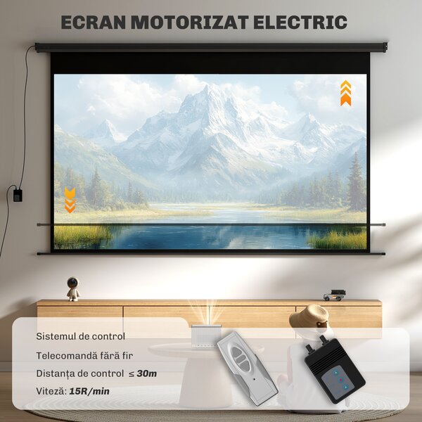 HOMCOM Ecran de proiecție motorizat 120 inch, 16:9 4K HD, montaj pe perete sau tavan cu telecomandă, 297x8x183cm | Aosom Romania