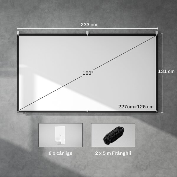 HOMCOM Ecran Proiector 100 Inch 4K/8K HD Format 16:9, Reglabil Manual, Lavabil, Unghi Vizualizare 160°, pentru Acasă, Cinema, Birou, Alb | Aosom Romania