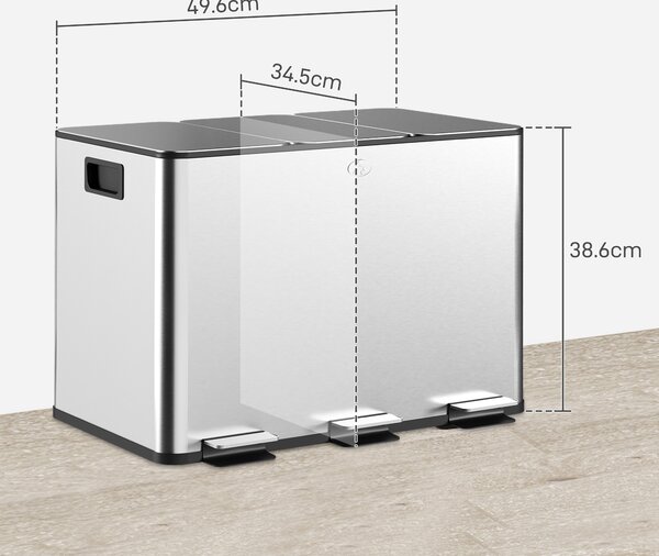 HOMCOM Coș de Gunoi cu 3 Compartimente de 20L, Cu Pedală, Capace cu Închidere Silențioasă, Oțel Inoxidabil și PP, 61,9x36,6x56,7 cm, Argintiu | Aosom Romania