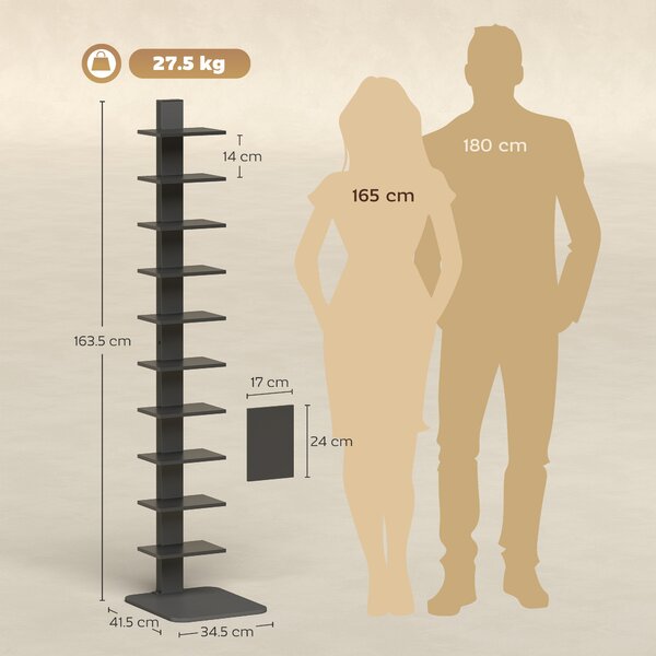 HOMCOM Bibliotecă Verticală înaltă cu 11 Rafturi, Bibliotecă Economisitoare de Spațiu Slim, Raft Industrial pentru Living, Dormitor, Birou, 34.5x41.5x163.5 cm, Negru | Aosom Romania
