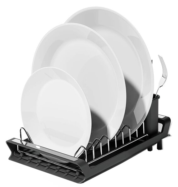 Suport de Vase Extensibil Pufo Simple- Organizator Modern pentru Farfurii, Tacamuri si Pahare in Bucatarie, Negru