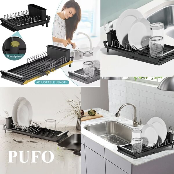 Suport de Vase Extensibil Pufo Simple- Organizator Modern pentru Farfurii, Tacamuri si Pahare in Bucatarie, Negru