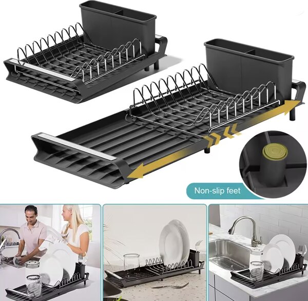 Suport de Vase Extensibil Pufo Simple- Organizator Modern pentru Farfurii, Tacamuri si Pahare in Bucatarie, Negru