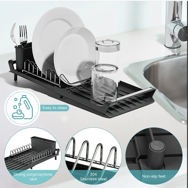 Suport de Vase Extensibil Pufo Simple- Organizator Modern pentru Farfurii, Tacamuri si Pahare in Bucatarie, Negru