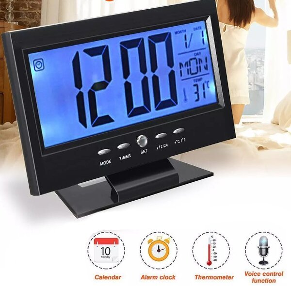 Ceas cu ecran LCD si control vocal, Argintiu/Negru