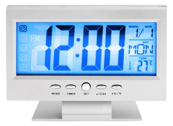 Ceas cu ecran LCD si control vocal, Argintiu/Negru