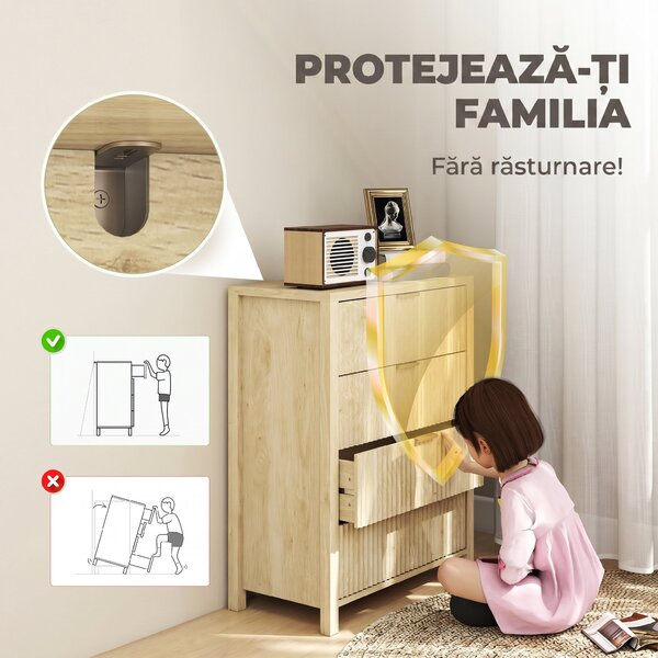 HOMCOM Comodă pentru Dormitor cu 4 Sertare Canelate, Comodă din Lemn cu Mânere Aurii, pentru Sufragerie, Sala de Mese și Hol, 70x38x93 cm, Lemn Natural | Aosom Romania