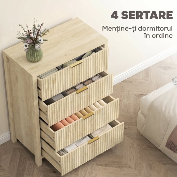 HOMCOM Comodă pentru Dormitor cu 4 Sertare Canelate, Comodă din Lemn cu Mânere Aurii, pentru Sufragerie, Sala de Mese și Hol, 70x38x93 cm, Lemn Natural | Aosom Romania