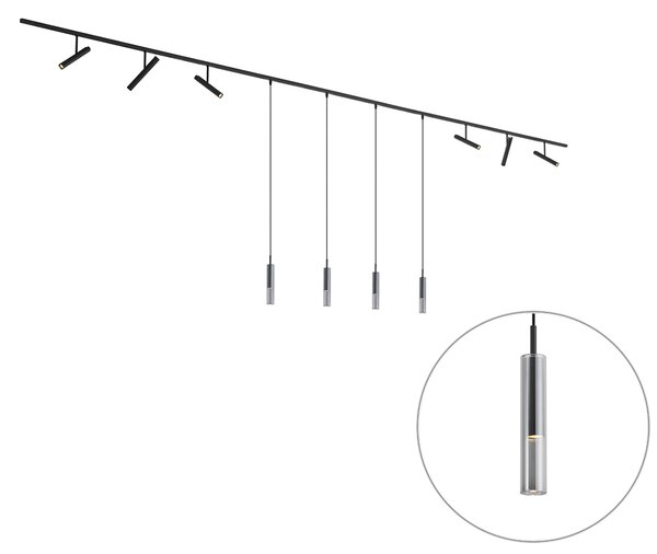 Sistem de iluminat pe șină modern negru cu 6 spoturi și 4 lumini suspendate negre monofazate - Slimline Avery Loyce