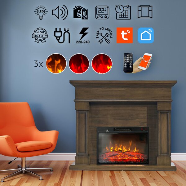 Semineu electric 3D ElectricSun Marisa stejar inchis, cu sunet, 3 culori, Wi-Fi cu APP internet, L120xH102cm