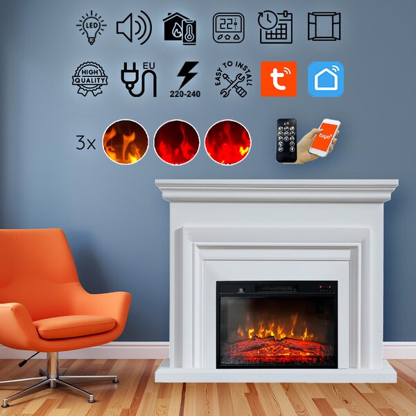 Semineu electric 3D ElectricSun SONIA alb, cu sunet, 3 culori, Wi-Fi cu APP internet, L120xH102cm