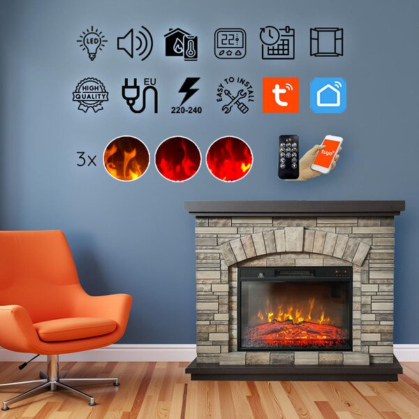 Semineu electric ElectricSun 3D AMBAR Stone, cu sunet, 3 culori, Wi-Fi cu APP internet, L107xH90cm