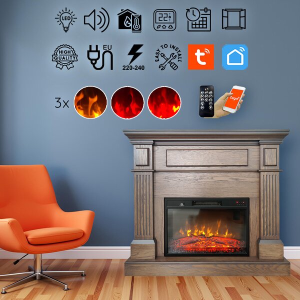Seminee electrice 3D ElectricSun TUX stejar Antik Oak, cu sunet, 3 culori, Wi-Fi cu APP internet, L110xH102cm