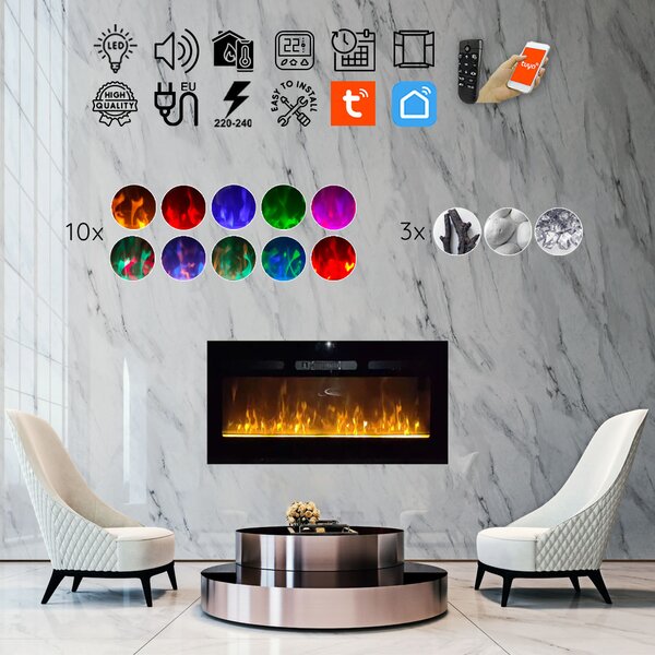Semineu electric 3D ElectricSun PAULA GLASS negru XS, pe perete, podea sau incorporabil, cu sunet, 10 culori, Wi-Fi cu APP internet, L102xH45cm