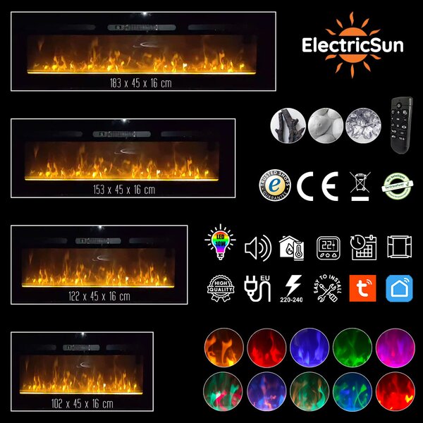 Semineu electric 3D ElectricSun PAULA GLASS negru XS, pe perete, podea sau incorporabil, cu sunet, 10 culori, Wi-Fi cu APP internet, L102xH45cm
