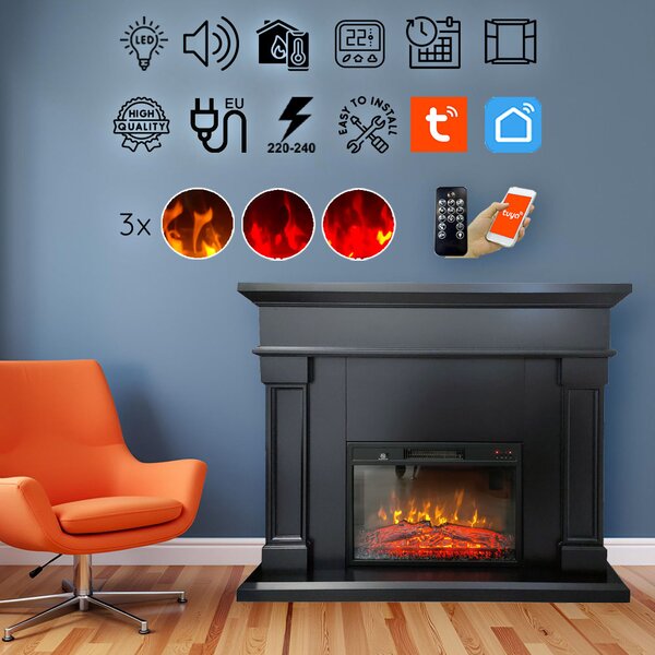 Semineu electric 3D ElectricSun Marisa negru mat, cu sunet, 3 culori, Wi-Fi cu APP internet, L120xH102cm