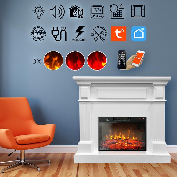 Seminee electrice 3D ElectricSun TUX alb, cu sunet, 3 culori, Wi-Fi cu APP internet, L110xH102cm