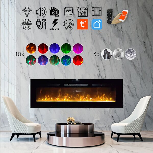 Semineu electric 3D ElectricSun PAULA GLASS negru Mediu, pe perete, podea sau incorporabil, cu sunet, 10 culori, Wi-Fi cu APP internet, L153xH45cm