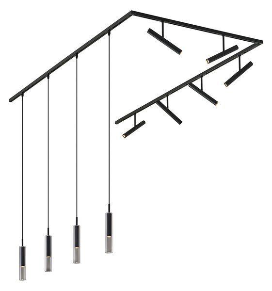 Sistem de iluminat pe șină modern negru cu 6 spoturi și 4 lumini suspendate negre monofazate - Slimline Avery Loyce