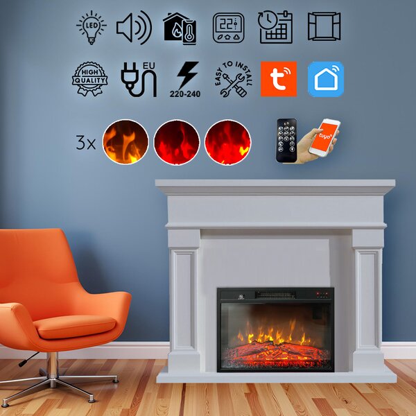 Semineu electric 3D ElectricSun Marisa alb, cu sunet, 3 culori, Wi-Fi cu APP internet, L120xH102cm