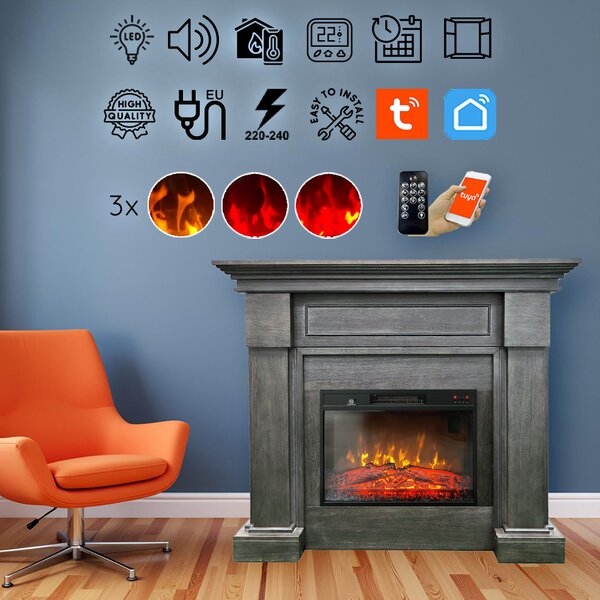Semineu electric decorativ ElectricSun MONTENEGRO gri, cu incalzire, sunet, 3 culori, cu APP internet, L127xH107cm