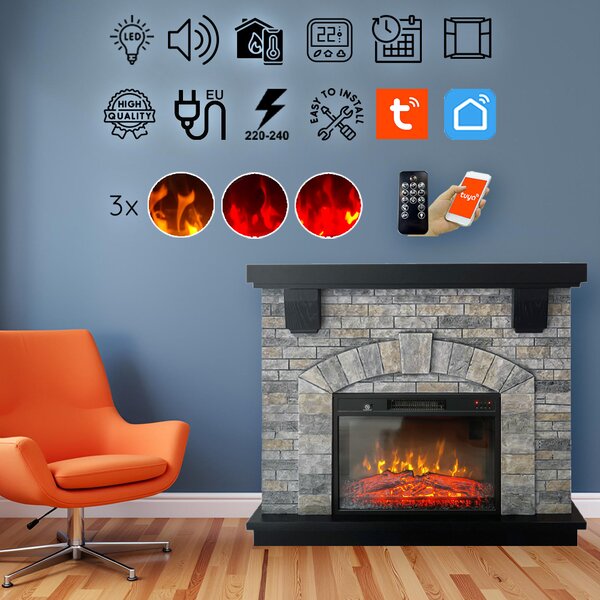 Semineu electric 3D ElectricSun GREYSTONE, cu sunet, 3 culori, Wi-Fi cu APP internet, L115xH102cm