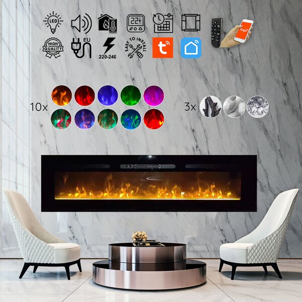 Semineu electric 3D ElectricSun PAULA GLASS negru MARE, pe perete, podea sau incorporabil, cu sunet, 10 culori, Wi-Fi cu APP internet, L183xH45cm