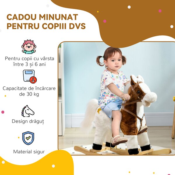 Cal Balansoar cu Sunet Muzical, Cal de Calarit cu Sa Cadou pentru Fetite si Baieti de 3-6 ani, Maro 68x26x62cm HOMCOM | Aosom Romania