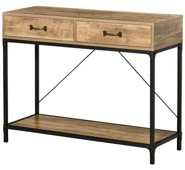 Masă Consolă Vintage HOMCOM din Metal și Lemn, Design Elegant cu 2 Sertare și Raft, Maro, pentru Living, Sufragerie | Aosom Romania