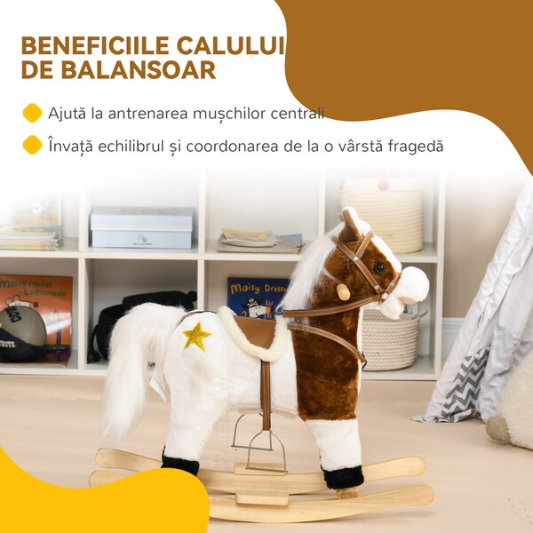 Cal Balansoar cu Sunet Muzical, Cal de Calarit cu Sa Cadou pentru Fetite si Baieti de 3-6 ani, Maro 68x26x62cm HOMCOM | Aosom Romania