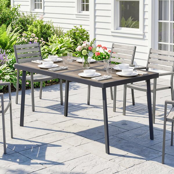 Outsunny Masă de Patio, Masă de Balcon, Masă de Dining pentru Exterior 145 x 85 cm pentru 6 Persoane cu Efect de Lemn, Cadrul din Oțel, Gri | Aosom Romania