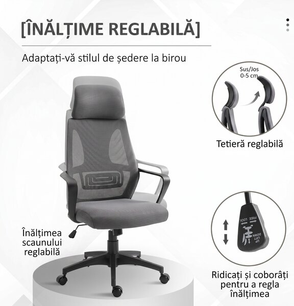 Vinsetto Scaun de Birou Ergonomic cu Brațe și Tetieră Reglabilă, Scaun Pivotant cu Suport Lombar, 64x55x116-126 cm, Negru | Aosom Romania