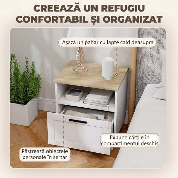 HOMCOM Noptieră Dormitor cu Sertar și Raft Deschis, Noptieră Modernă Compactă cu Picioare din Lemn de Pin, 45x38x50 cm, Alb | Aosom Romania
